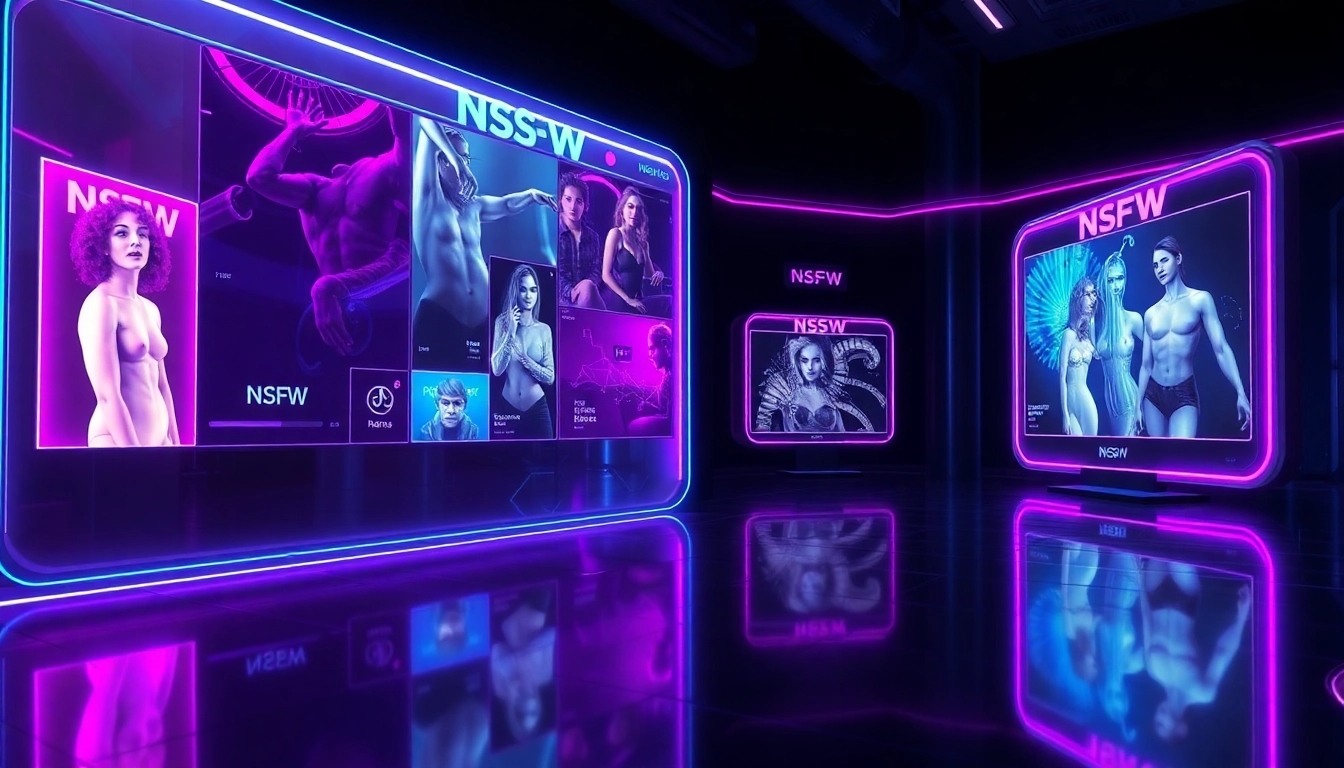 Futuristic AI interface displaying NSFW images and videos on holographic screens in a cyberpunk setting.