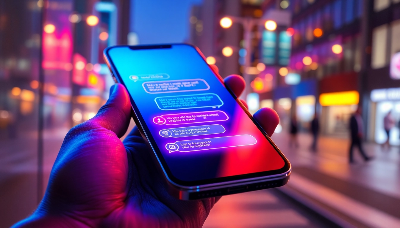 Close-up of a smartphone displaying a glowing AI chat interface with a city night background
