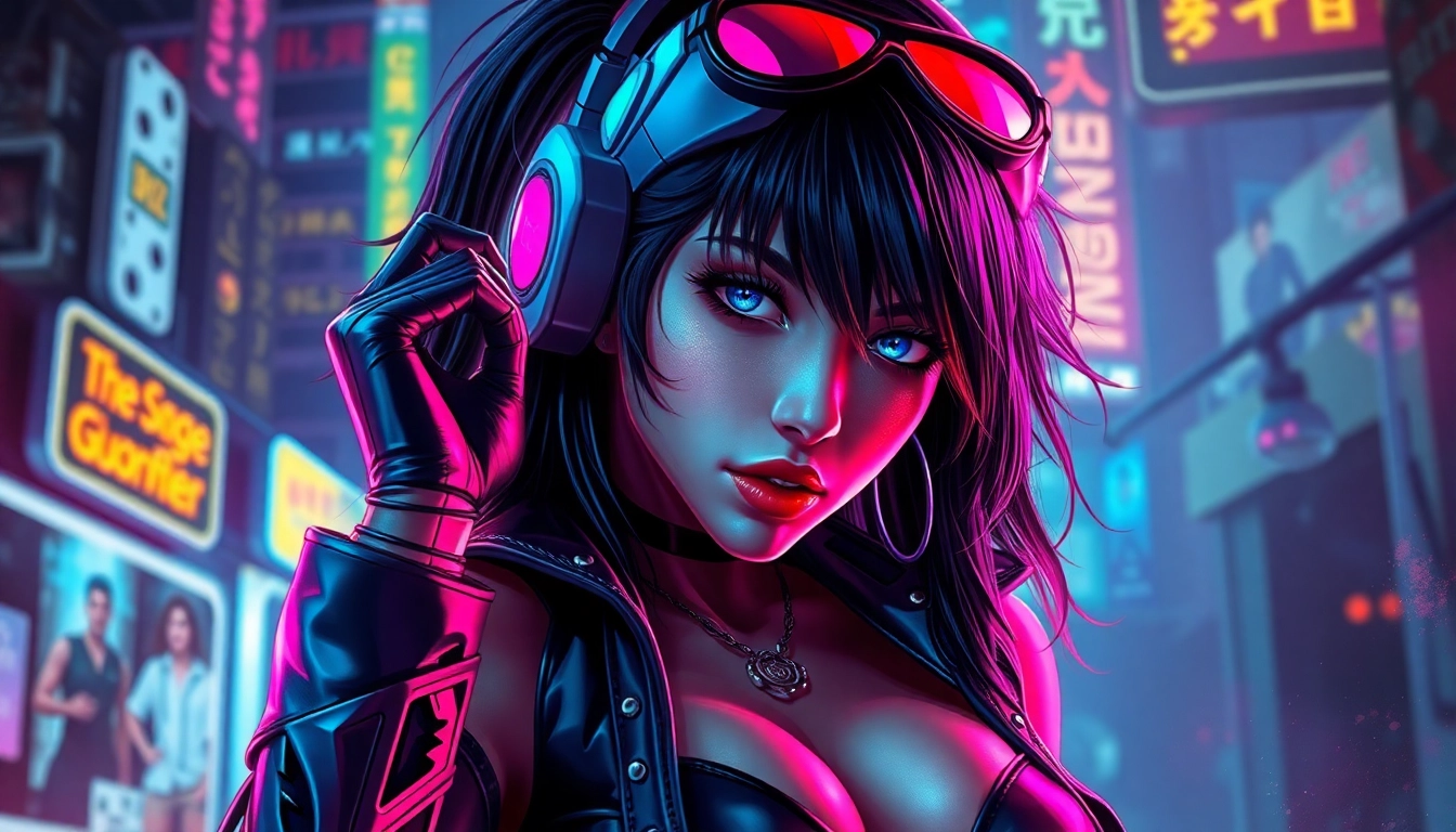 Vivid scene created by a nsfw ai generator featuring a sultry cyberpunk figure in neon-lit cityscape, high detail and vibrant colors for engaging visual impact.