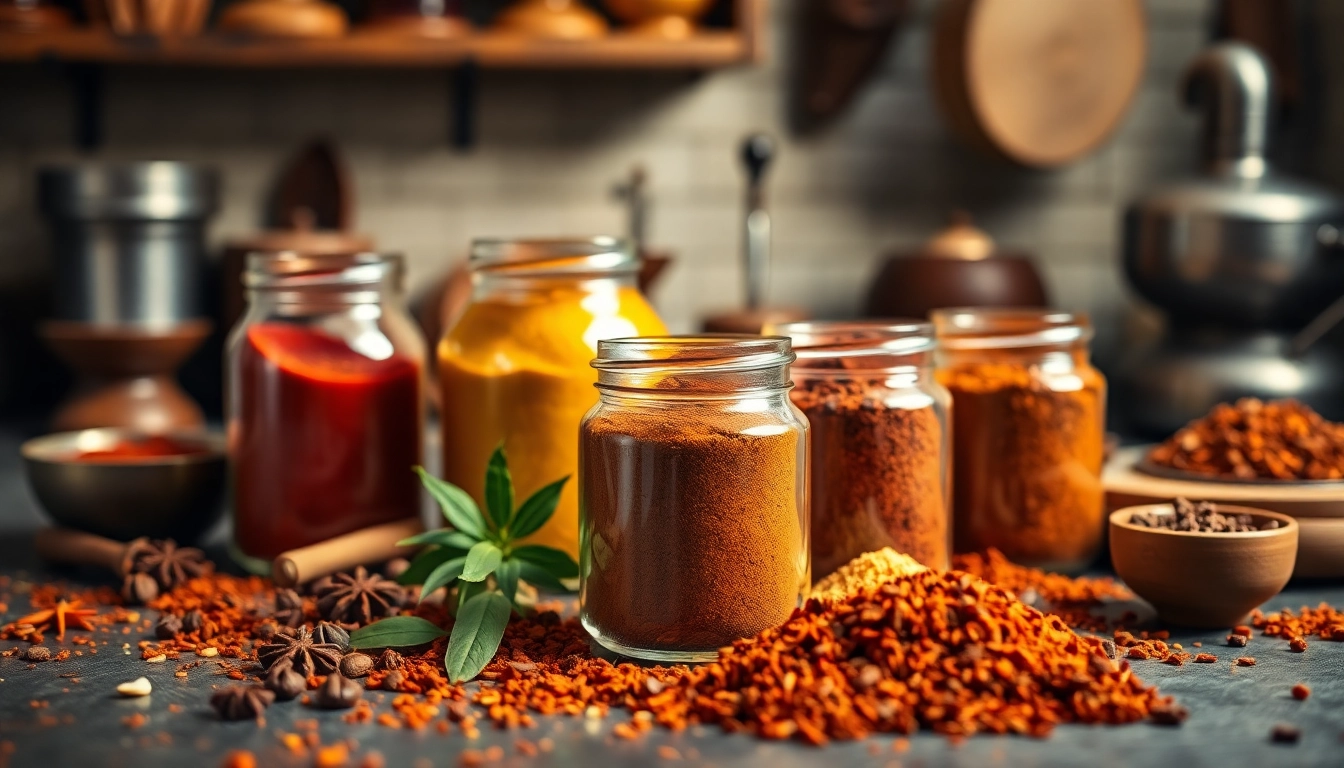High-quality Garam Masala Powder displayed in jars with fresh spices and herbs, emphasizing